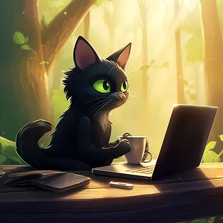 An illustration of a cat drinking coffee and working on a laptop