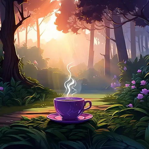 A steaming cup of coffee in the forest