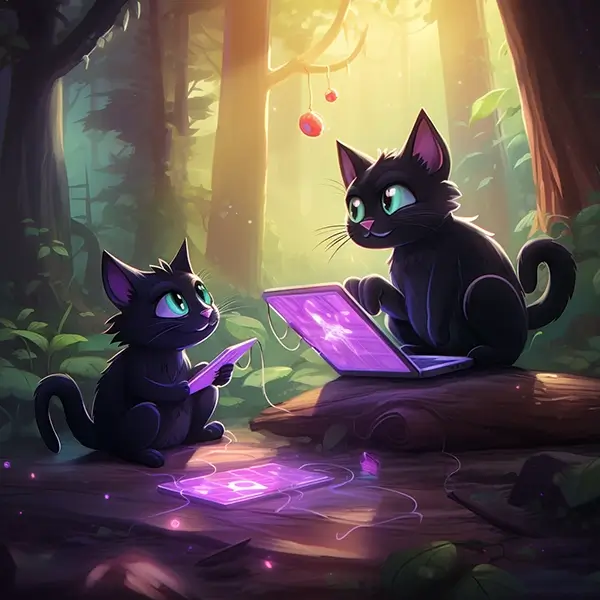 Cats testing the website on a computer and a mobile device