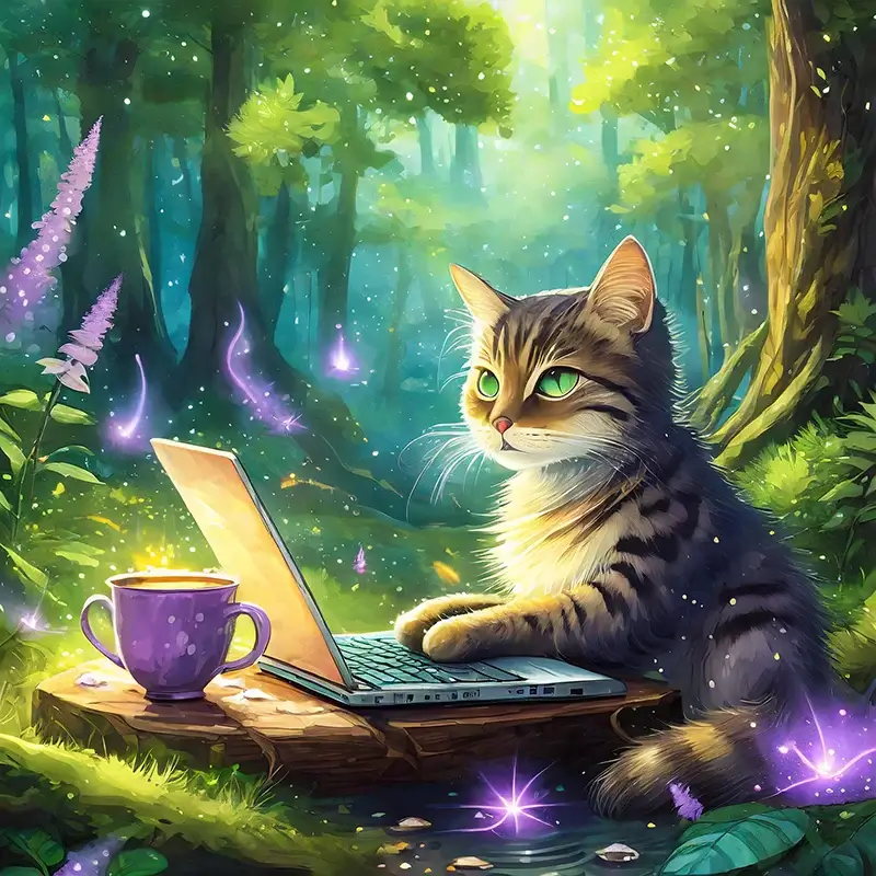 Cat sitting in a magical forest, using a laptop and having a cup of coffee