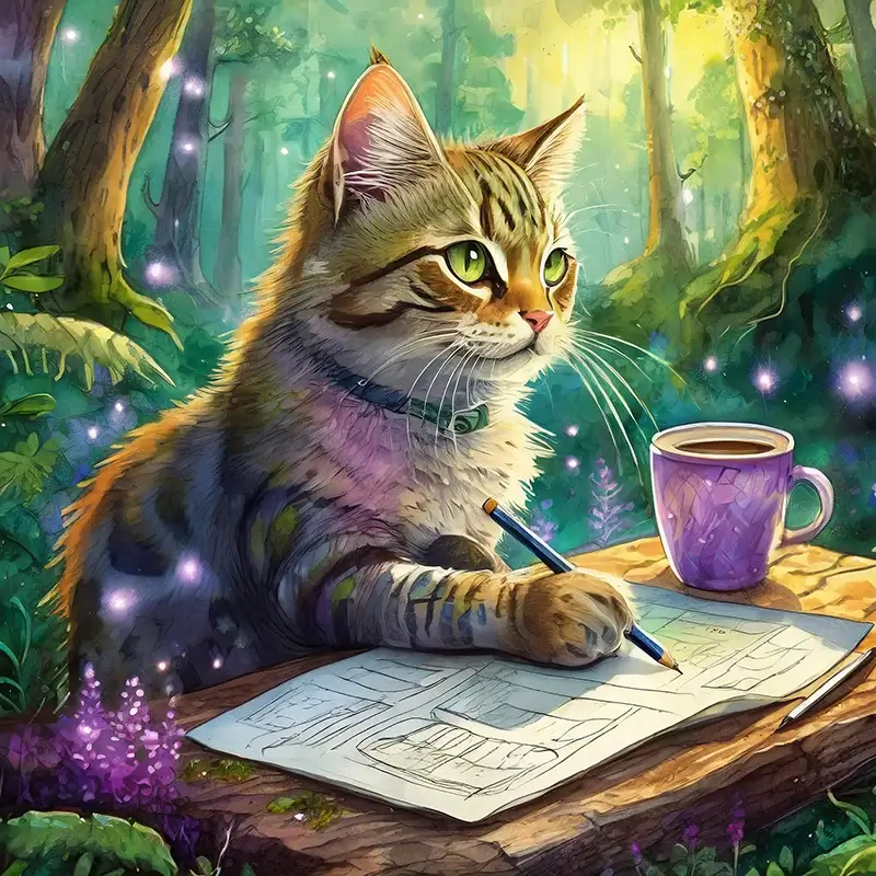 Cat in a magical forest drinking coffee and drawing wireframes by hand