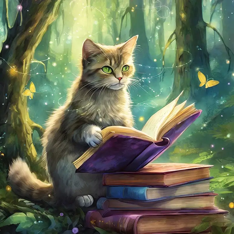 A cat in a magical forest sitting in front of a stack of books, studying