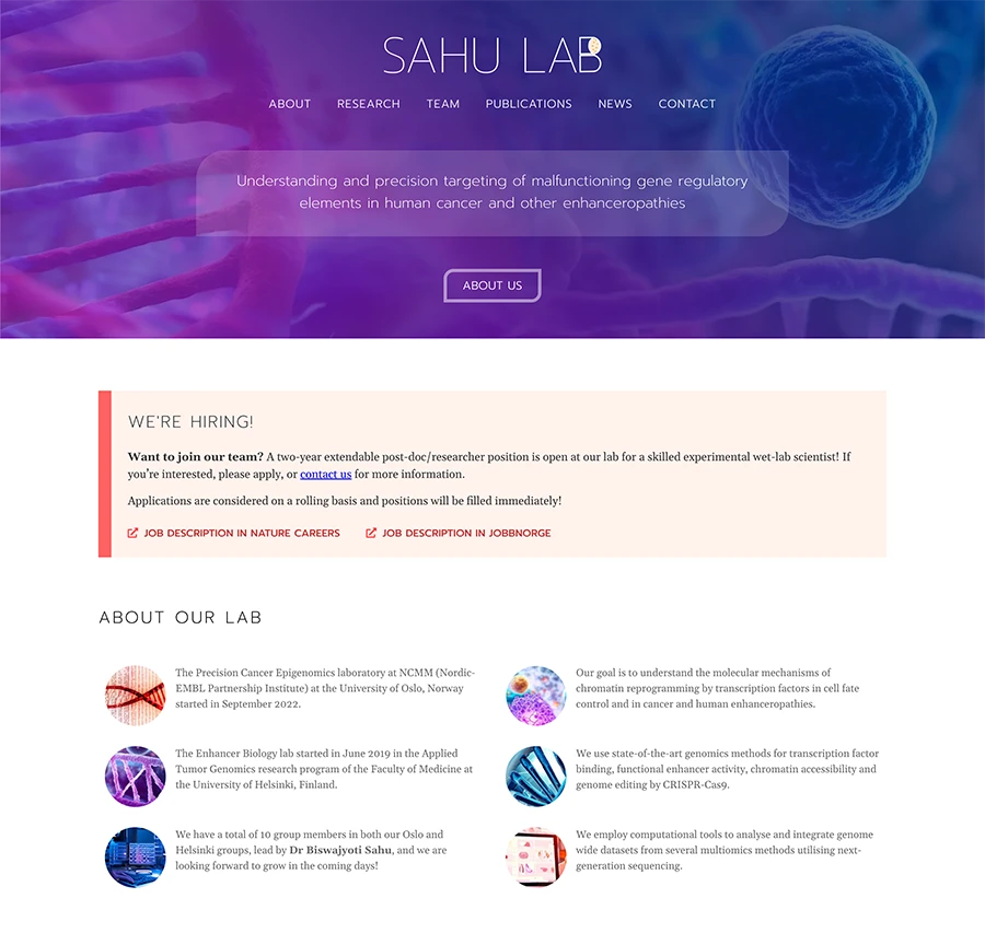 Part of the homepage for Sahu Lab